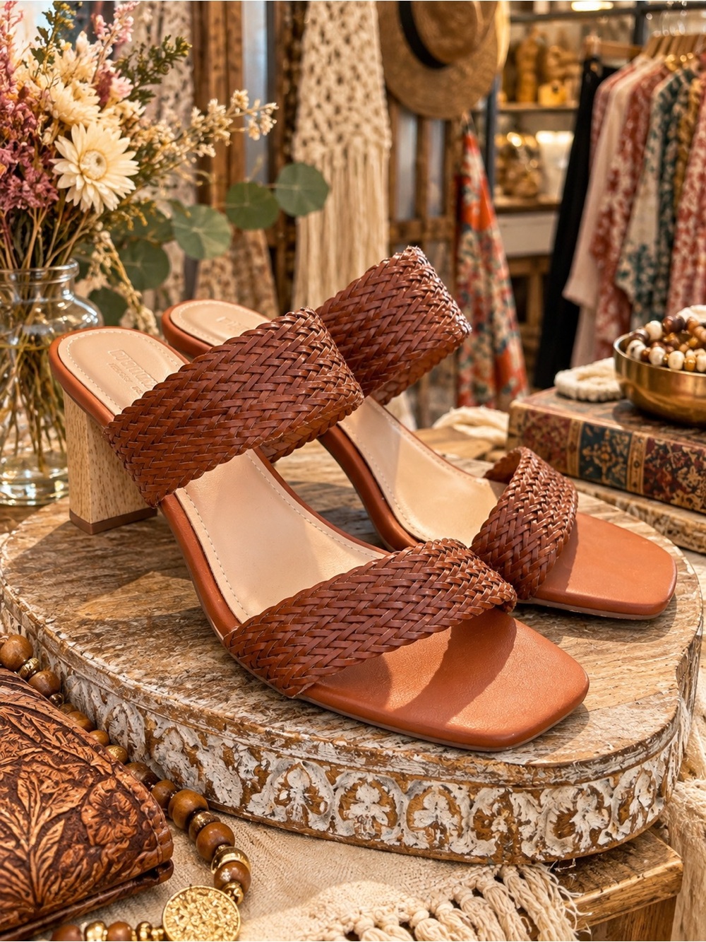 Cushionaire Woven Leather Block Heel Sandals in Brown